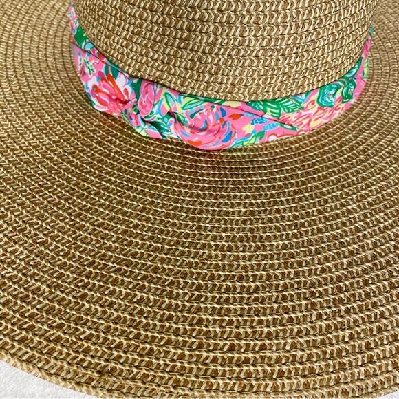 Lilly Pulitzer Sun Hat Wide Brim Floral Coquette Preppy Metallic Tan Pink Green - Picture 2 of 12